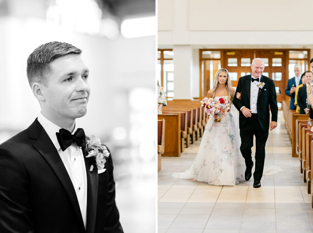 bride walking down the aisle at Saint Elizabeth's Parish wedding ceremony by Pennsylvania wedding photographer Emily Wren Photography