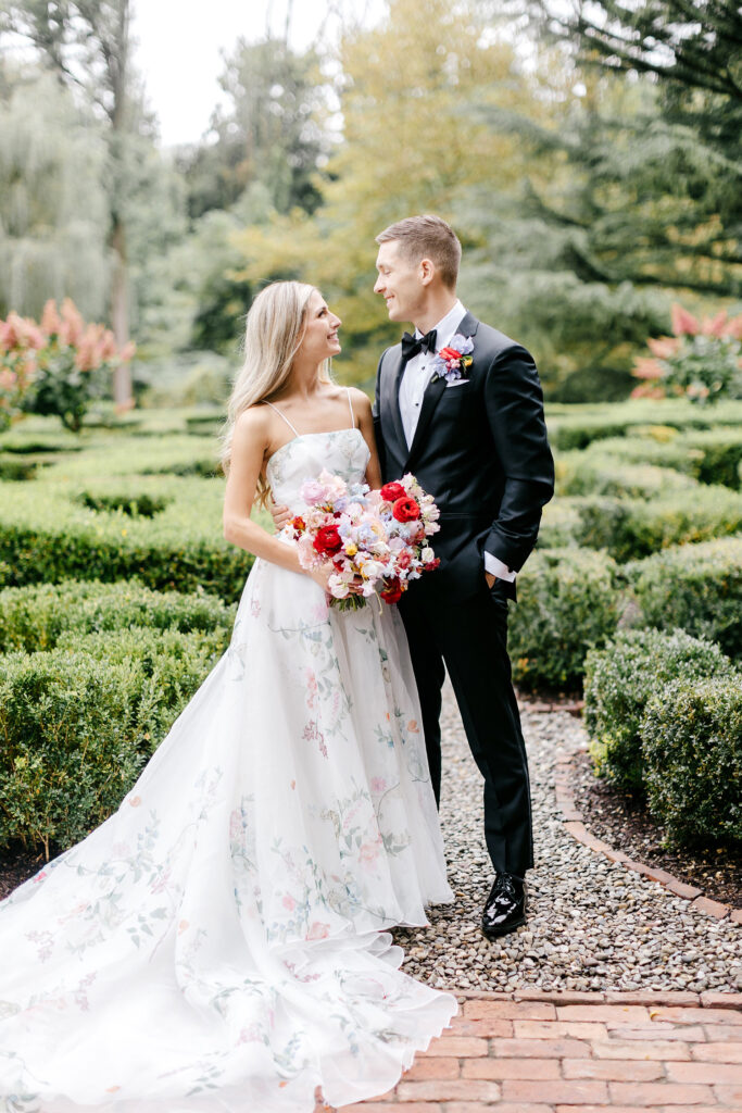 bride & groom portrait at Appleford Estate box maze by Emily Wren Photography