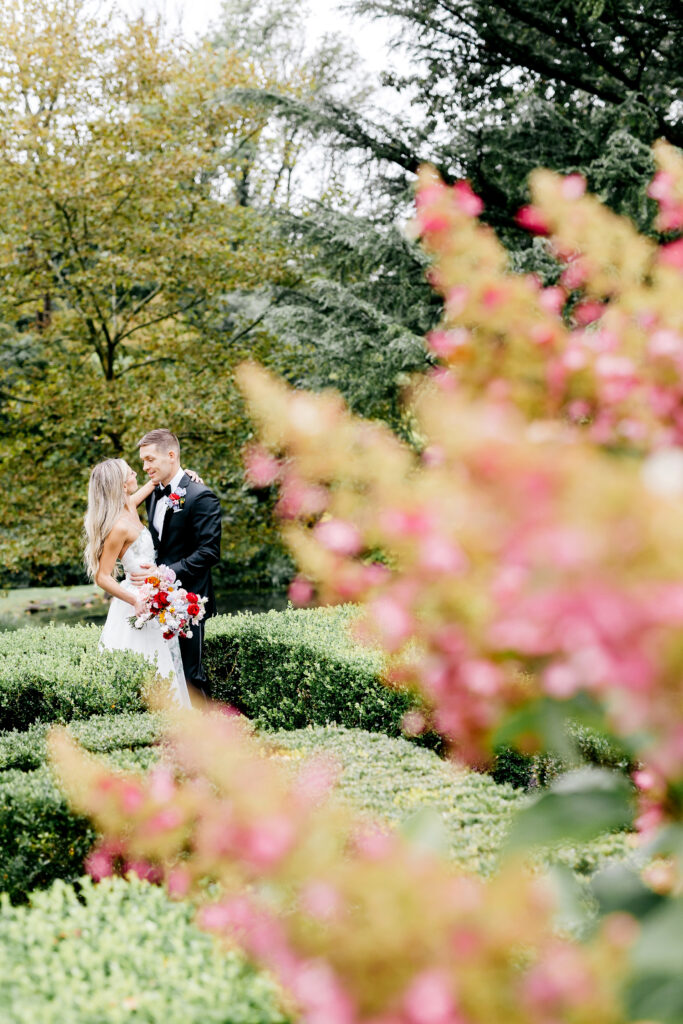 bride & groom at Appleford Estate's box maze by Pennsylvania wedding photographer Emily Wren Photography