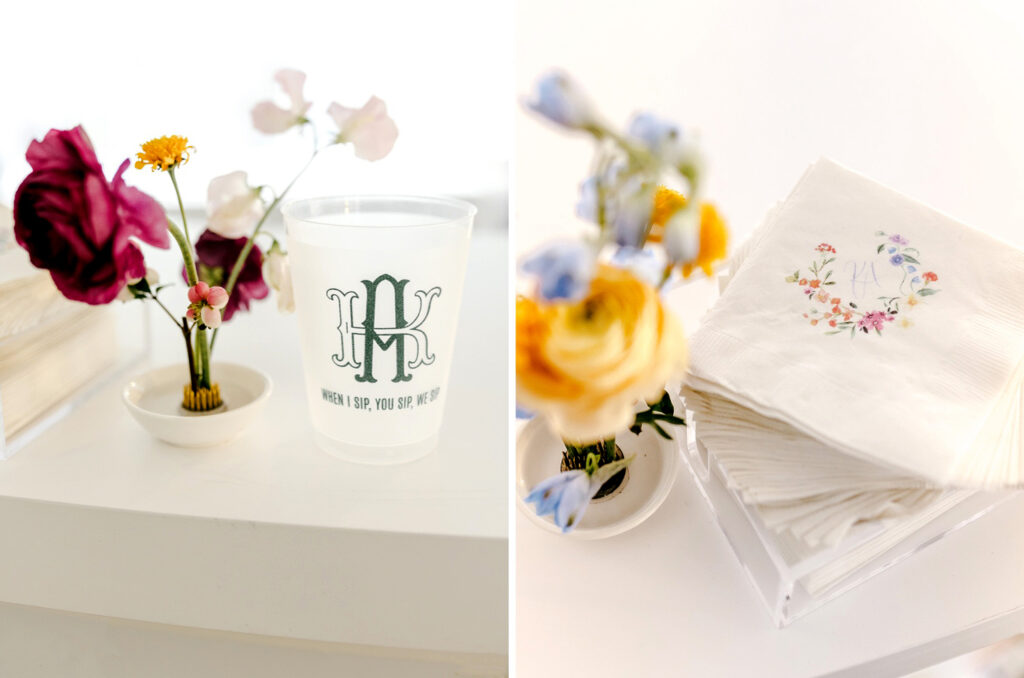 custom napkins & plastic cups for floral-themed wedding reception