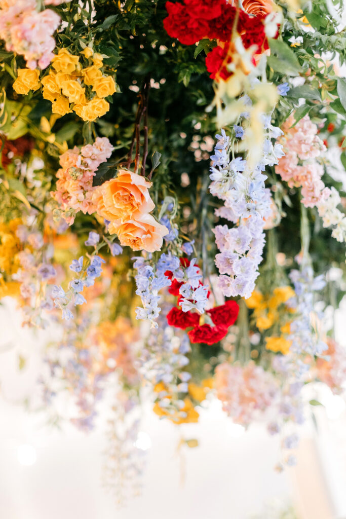 hanging summer flowers at wedding reception