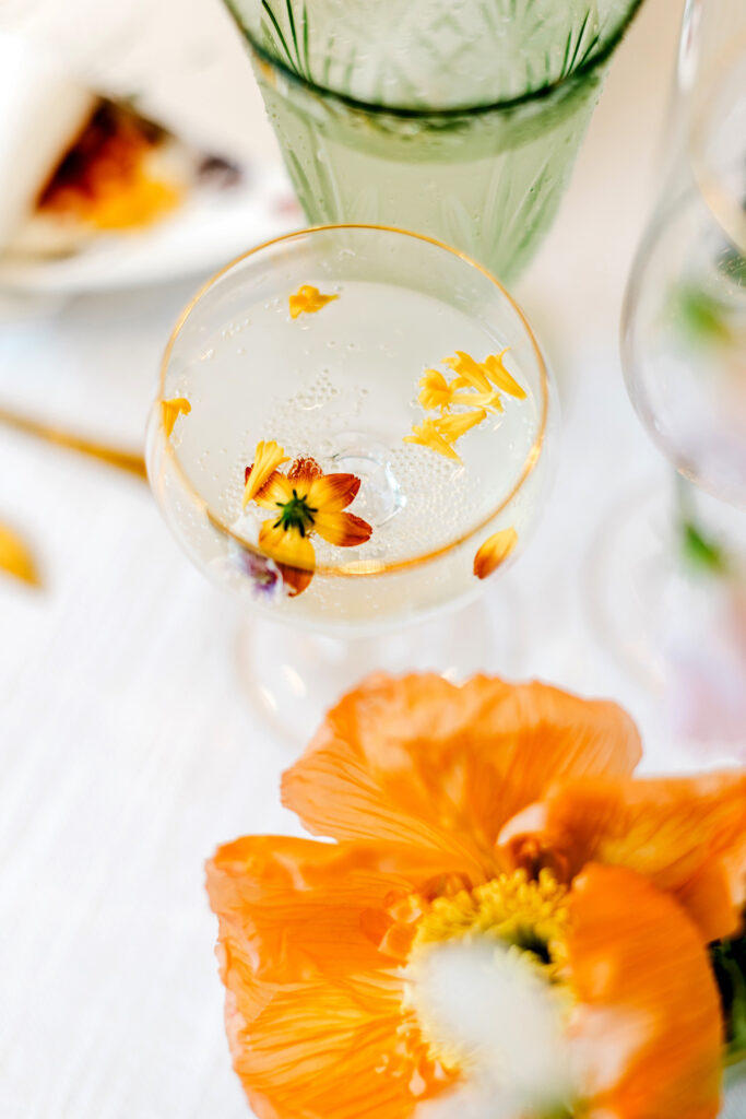 custom cocktails with edible flowers at late summer wedding reception at Appleford Estate