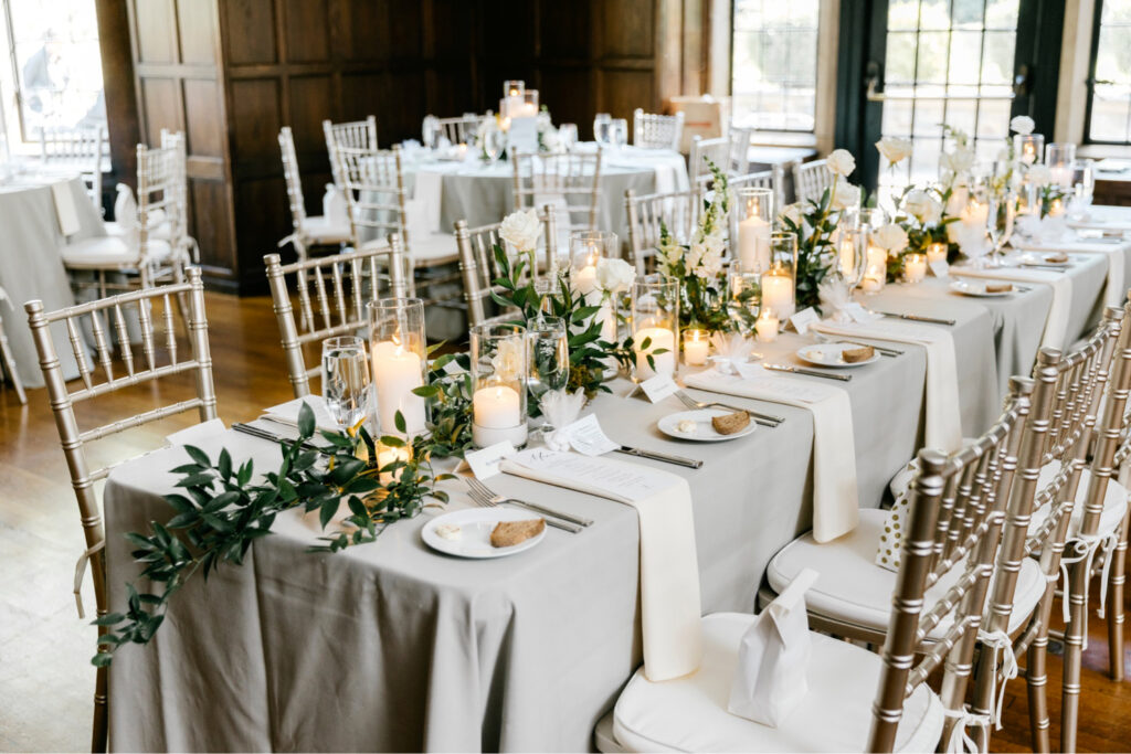 white and grey wedding reception tablescape by Emily Wren Photography