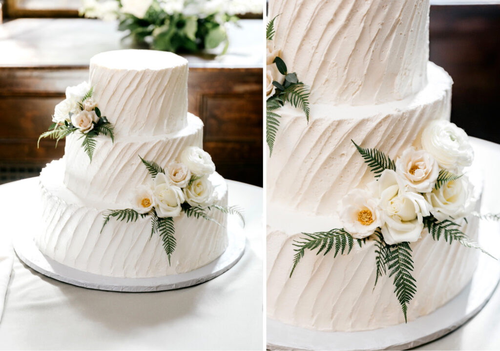 3 tier wedding cake with floral decor by Emily Wren Photography