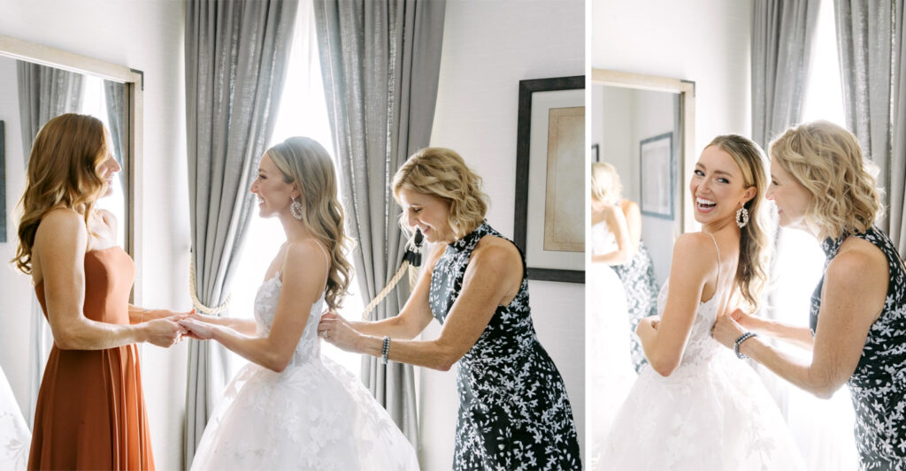 bride getting ready for her fall wedding day with her mother and maid of honor