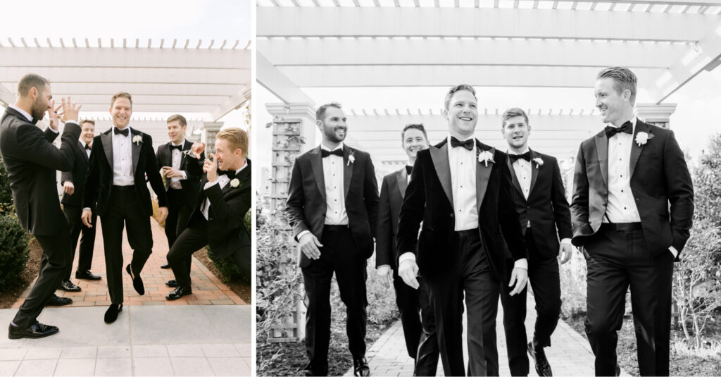 groom walking with groomsmen by luxury wedding photographer Emily Wren Photography