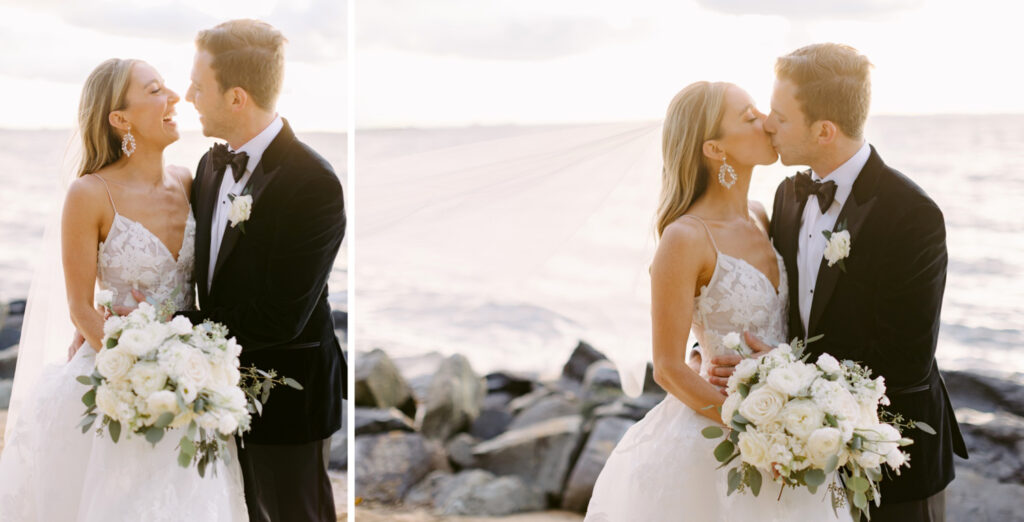 bride & groom portrait during sunset on the Chesapeake Bay by Emily Wren Photography