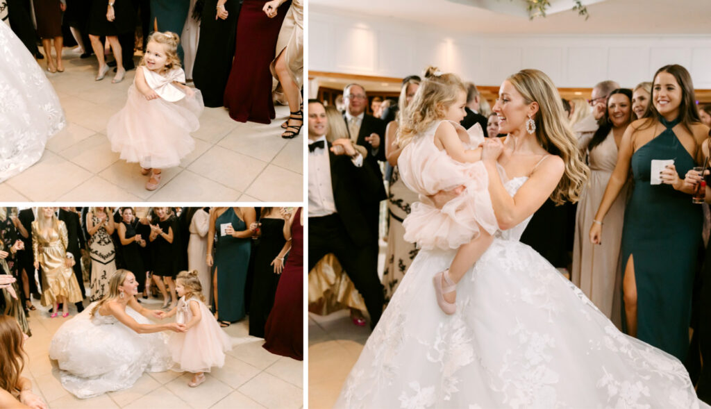 bride dancing with her flower girl at Chesapeake Bay Beach Club wedding reception in Maryland by Emily Wren Photography