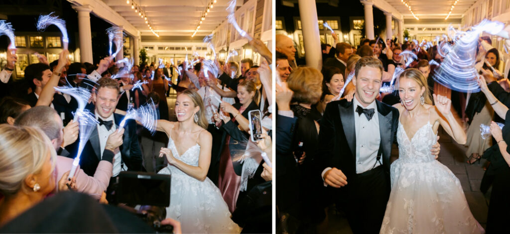 bride & groom led light wedding reception exit by Emily Wren Photography