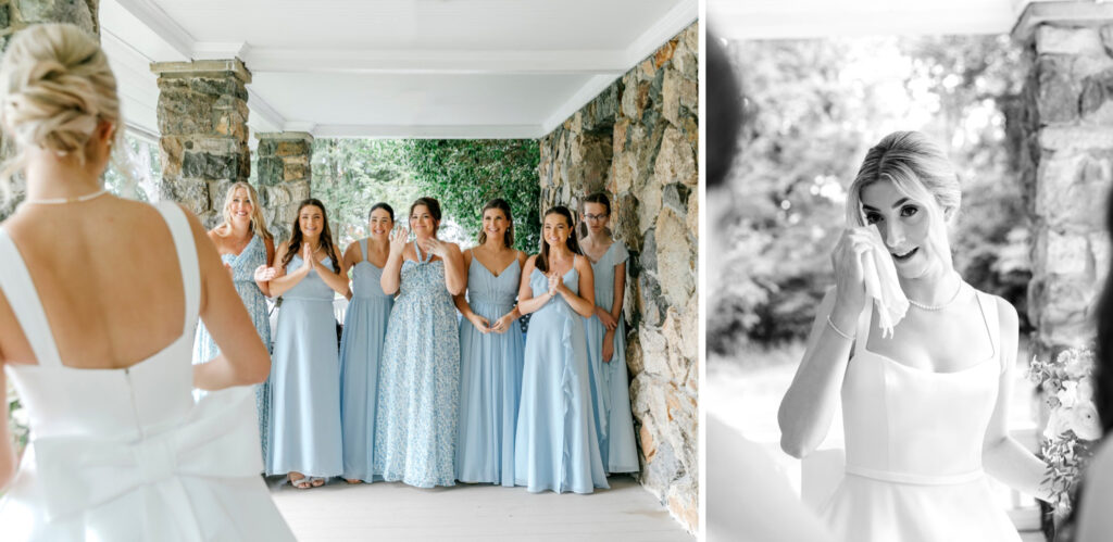 bride's emotional first look with her bridesmaids by Emily Wren Photography