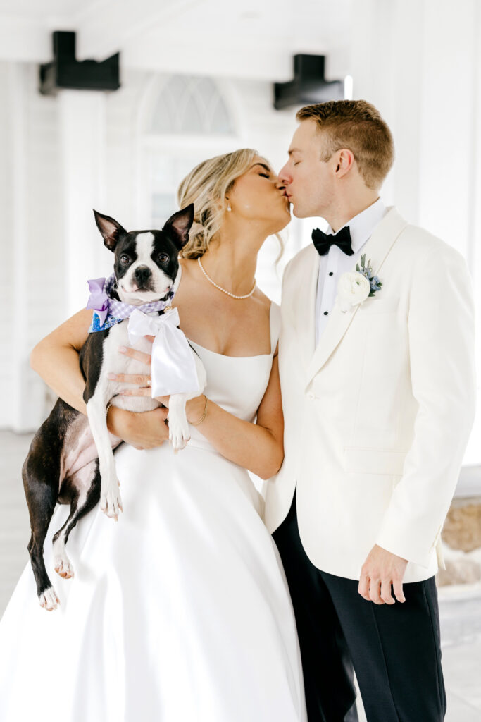 bride & groom with their pet dog on their New Jersey summer wedding day