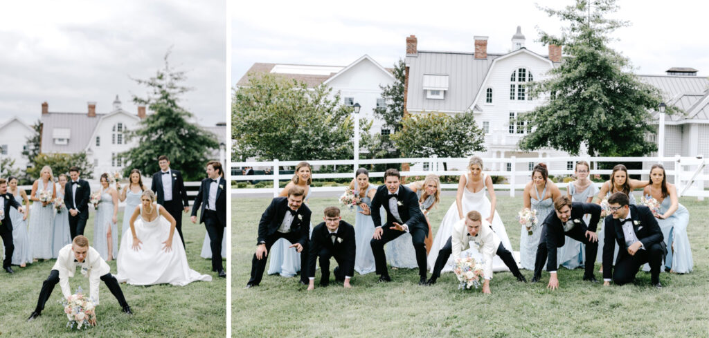 wedding party playing football with bridal bouquet by Emily Wren Photography