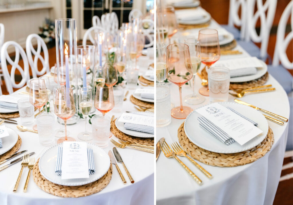 coral glassware and gold utensils for colorful summer wedding reception