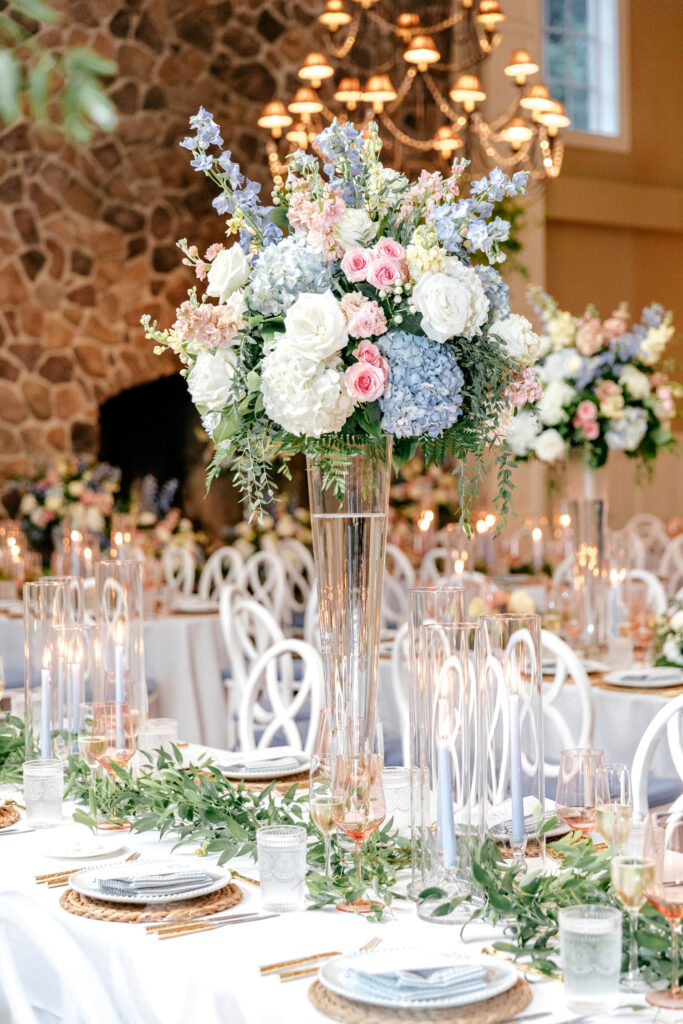 pink, blue, white & ivory florals for wedding reception table centerpieces by Emily Wren Photography