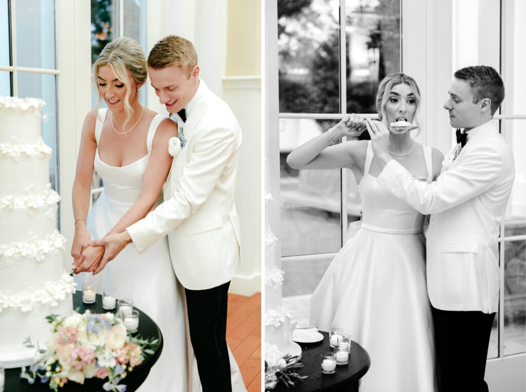 bride & groom cutting their wedding cake at the Ryland Inn wedding reception by Emily Wren Photography