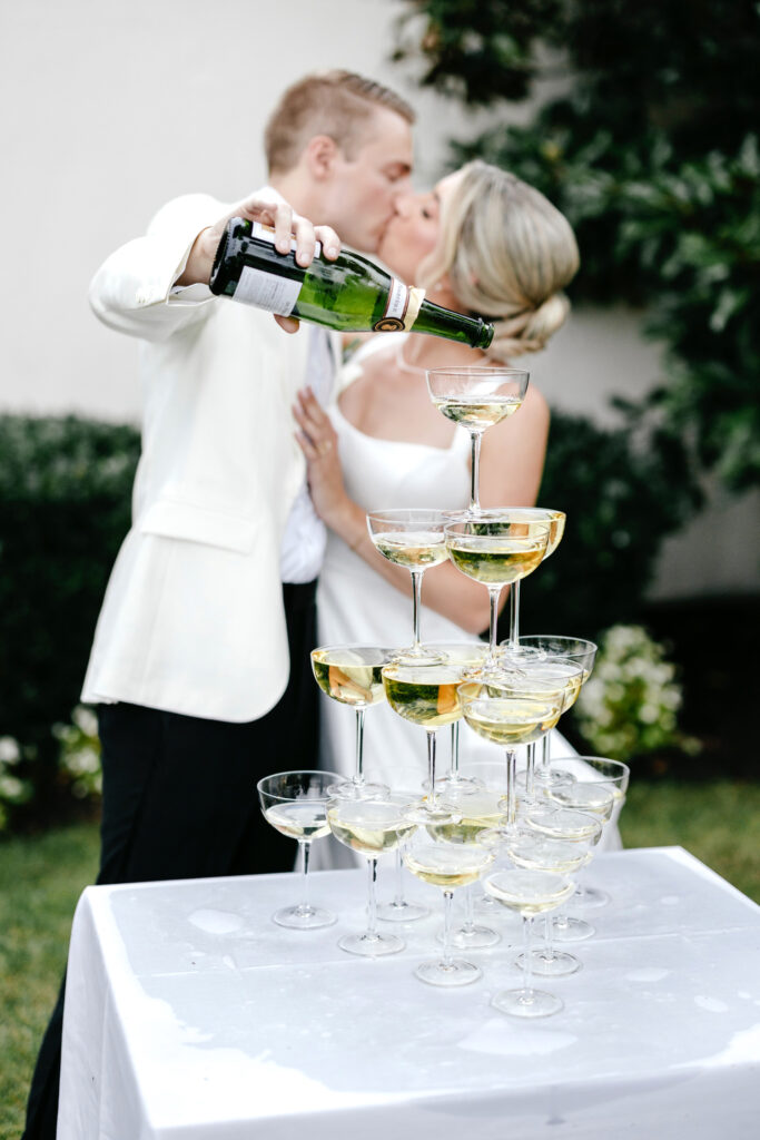 champagne tower at luxury New Jersey wedding reception by Emily Wren Photography