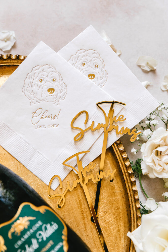 custom wedding cocktail napkins with gold dog decal