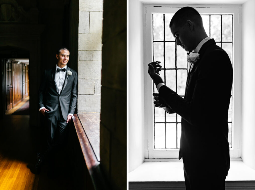 moody portraits of the groom as he gets ready for his Pennsylvania wedding