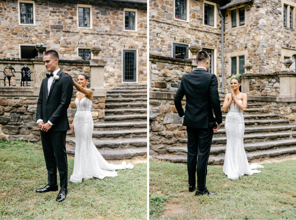 bride & grooms private first look at Parque Ridley Creek by Emily Wren Photography