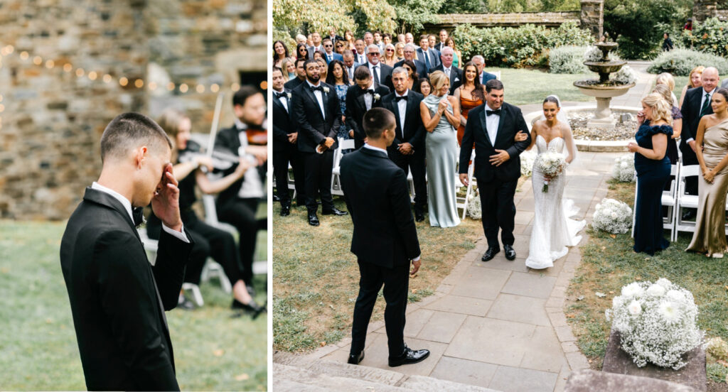 grooms emotional reaction to bride walking down the aisle at outdoor summer Pennsylvania wedding by Emily Wren Photography