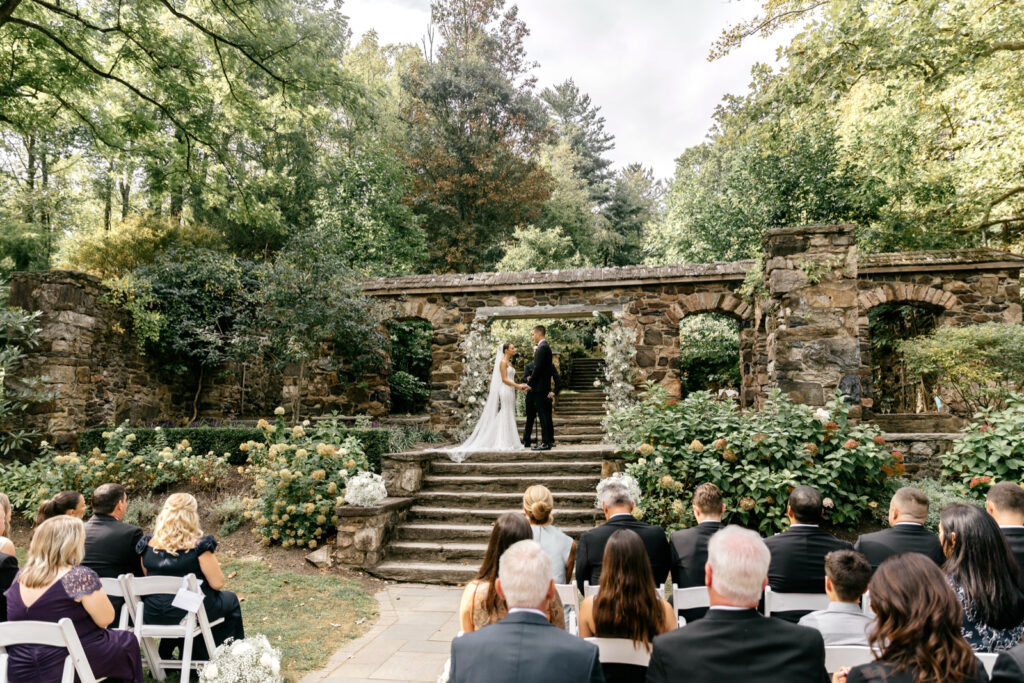 outdoor garden late summer wedding ceremony at Parque Ridley Creek by Emily Wren Photography