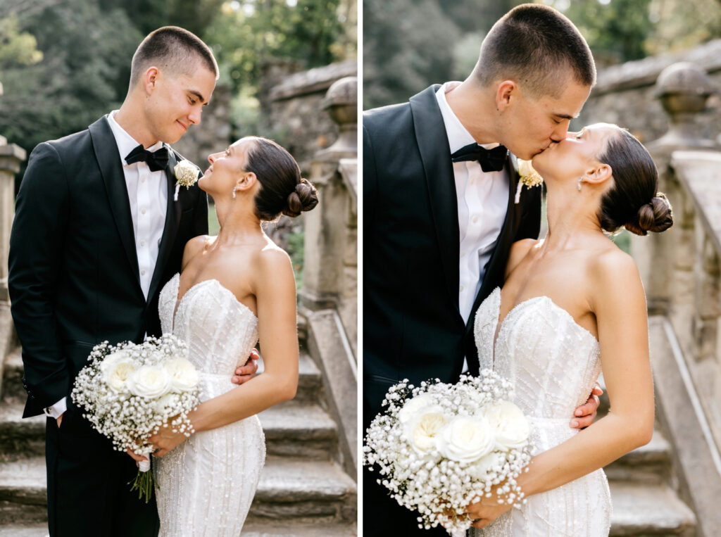 bride & groom portrait session during golden hour at Ridley Creek Park