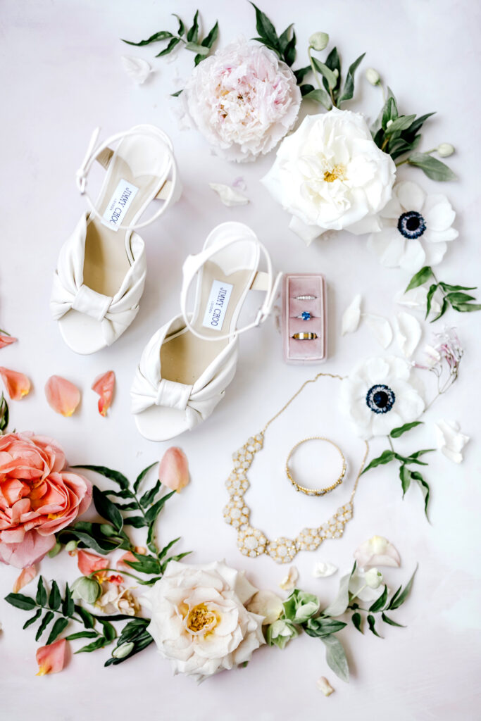 brides getting ready details, featuring Jimmy Choo bridal heels by Emily Wren Photography