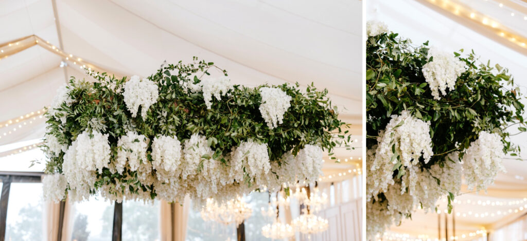 hanging white flowers for Cescaphe white tent wedding reception