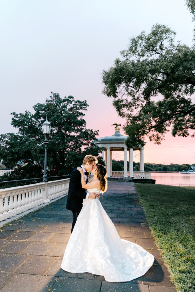 bride & groom pink sunset portrait at Philadelphia Water Works by Emily Wren Photography