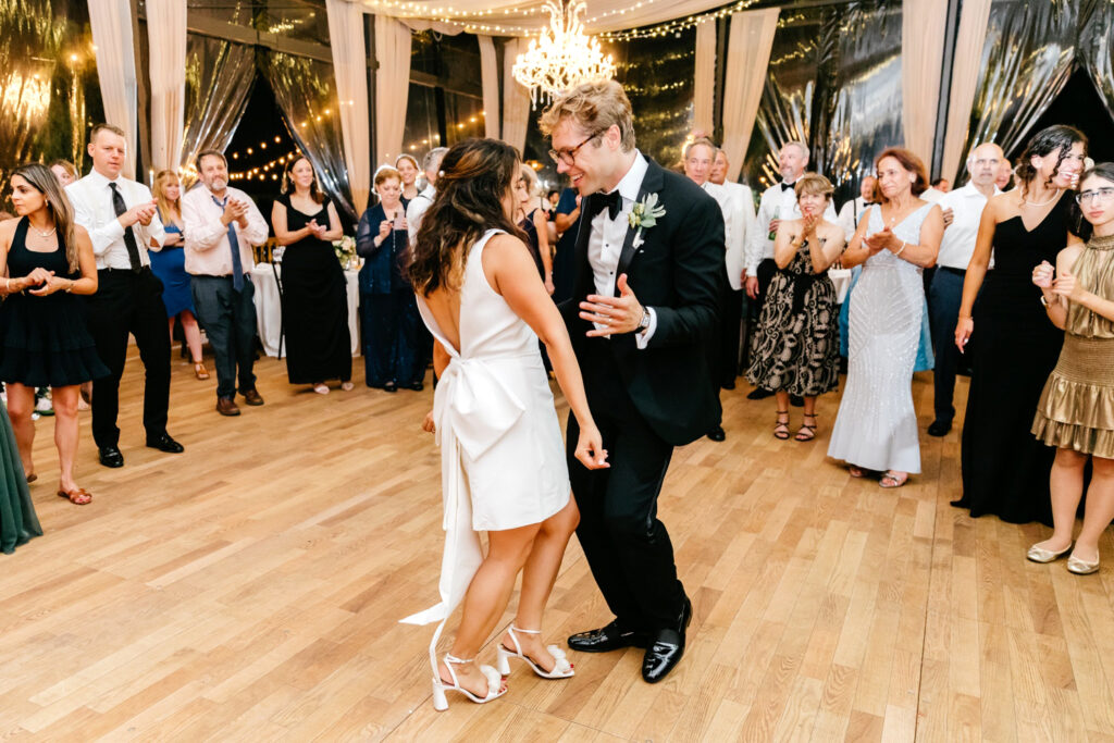 bride & groom dancing at their Cescaphe Water Works wedding reception