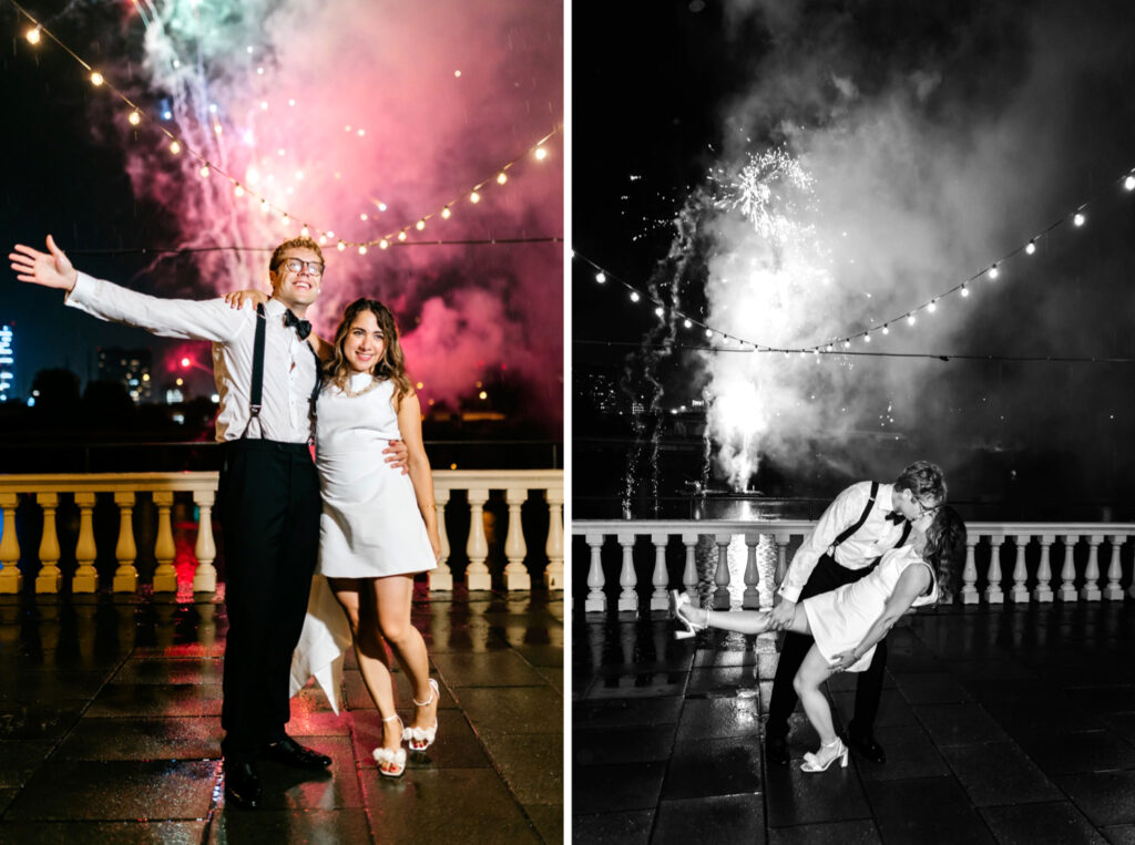 bride & groom kissing in front of their wedding reception firework show by Philadelphia wedding photographer Emily Wren Photography