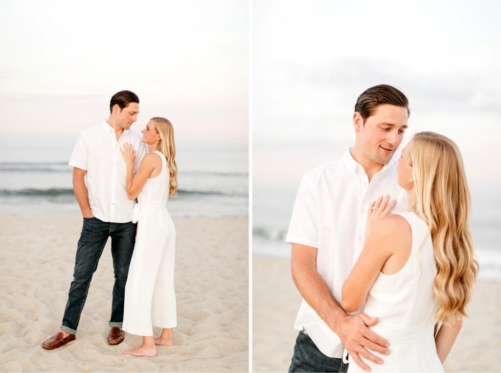 dreamy engagement photos during sunset on the beach in Spring Lake New Jersey by Emily Wren Photography