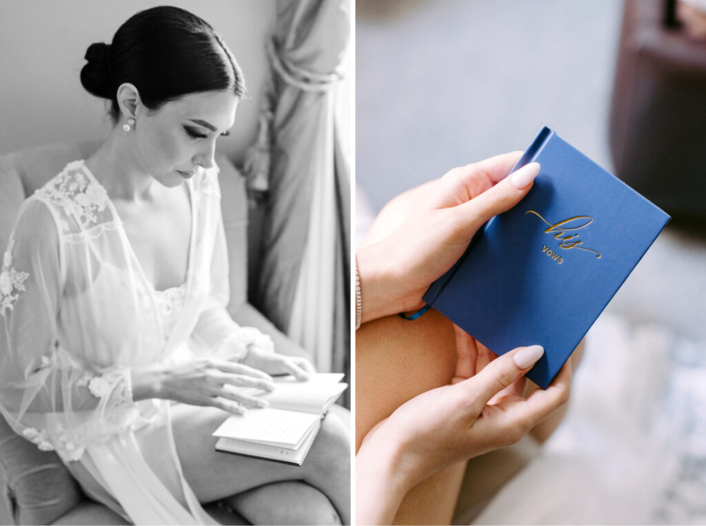 bride reading her husbands vow booklet by Emily Wren Photography