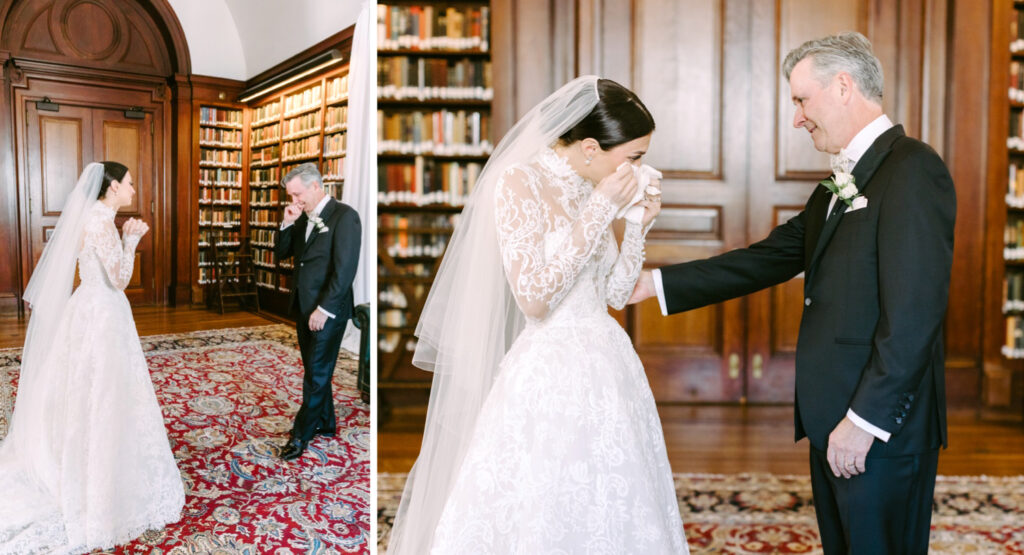 emotional first look with the bride's father at The Philadelphia Union League library