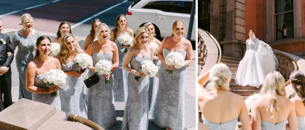 brides first look with her bridesmaids outside of The Philadelphia Union League