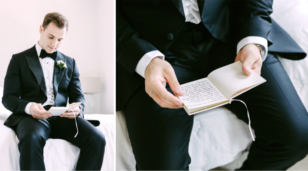 groom reading his wife's vow booklet by Emily Wren Photography