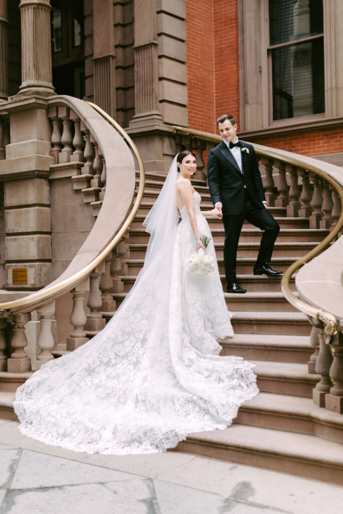 Philadelphia bride & groom on the stairs of the Union League in Center City