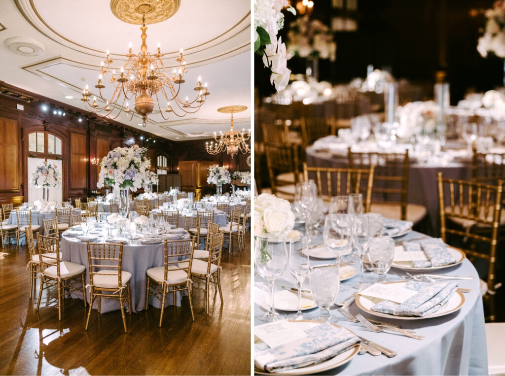 blue and white wedding reception decor by Emily Wren Photography