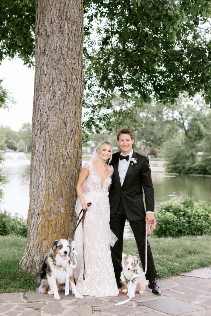 New Jersey bride & groom with their australian shepherd dogs at Spring Lake Park