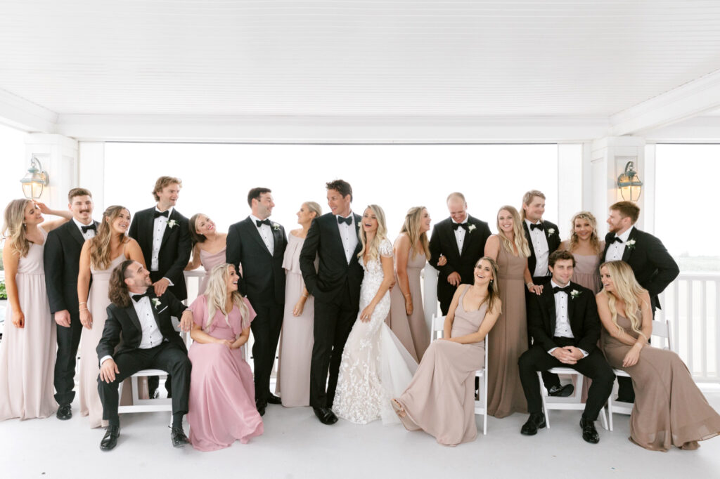 NJ bride & groom with their full wedding party by luxurious wedding photographer Emily Wren Photography