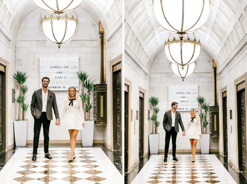 engagement photo shoot in front of custom marquee at Center City Philadelphia Hotel by Emily Wren Photography