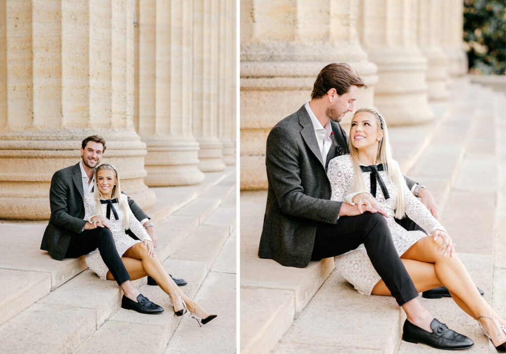 Philadelphia couple sitting on the Philadelphia Museum of Art steps during their engagement photoshoot