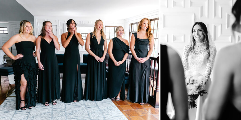 brides first look with her bridesmaids