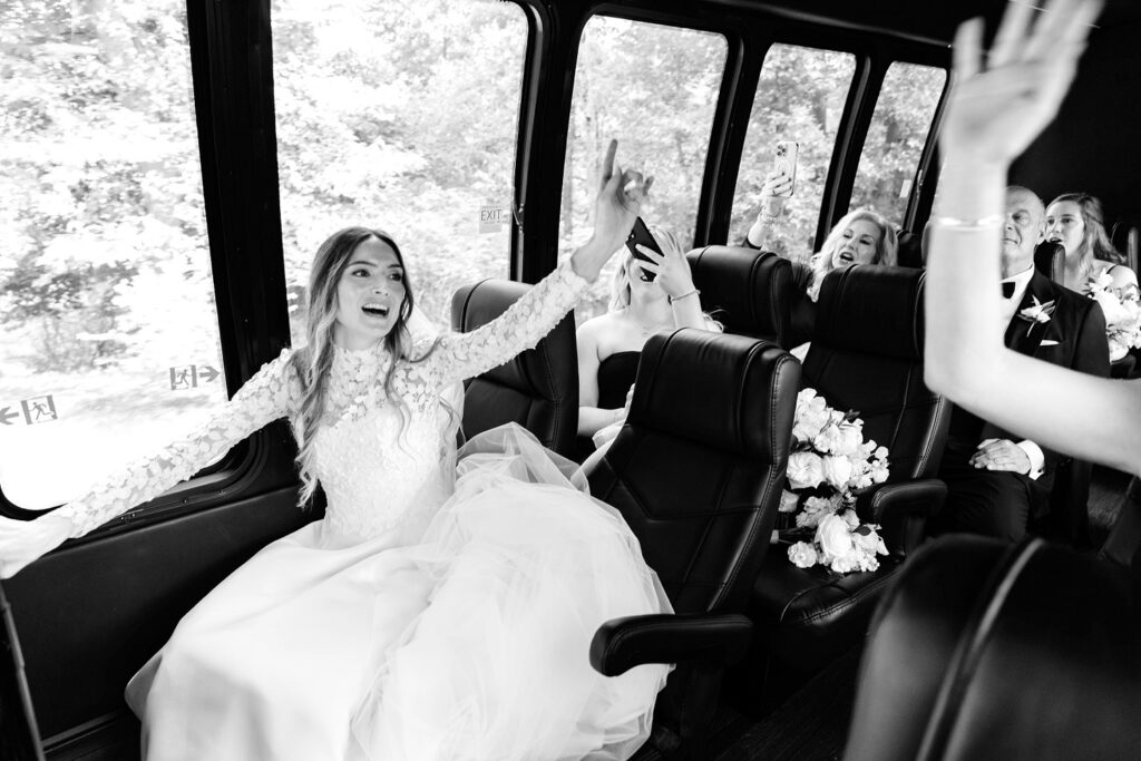 bride on party bus on her way to her wedding ceremony