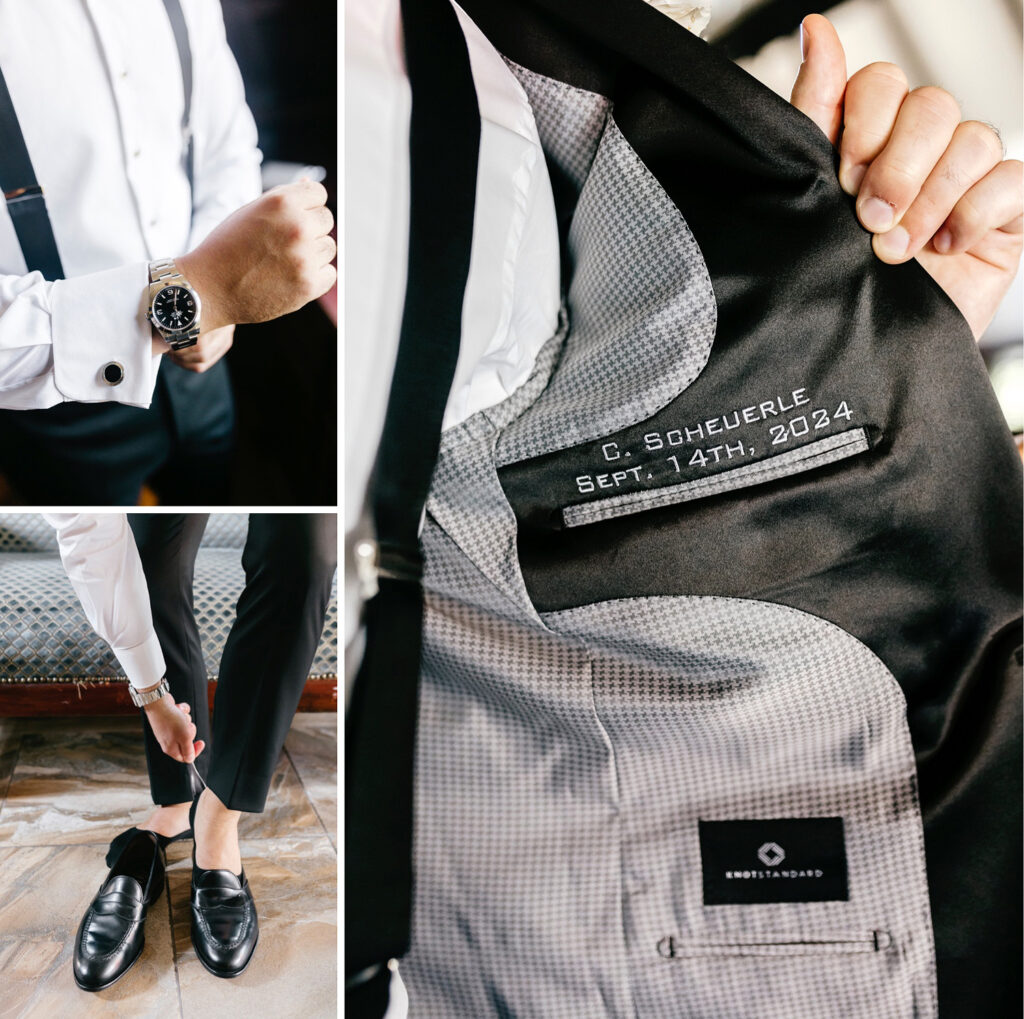 custom tuxedo for groom, stitched with his name and wedding date by Emily Wren Photography