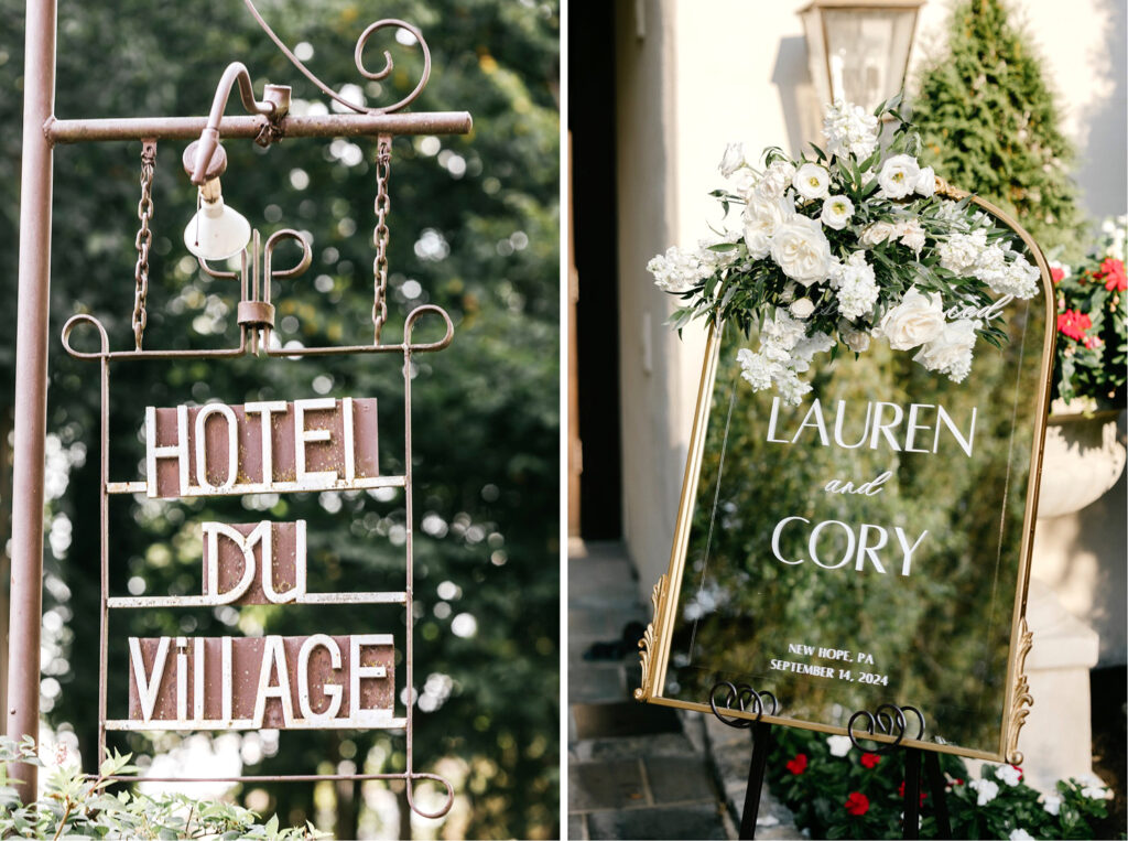 mirror welcome sign for New Hope wedding reception at Hotel du Village