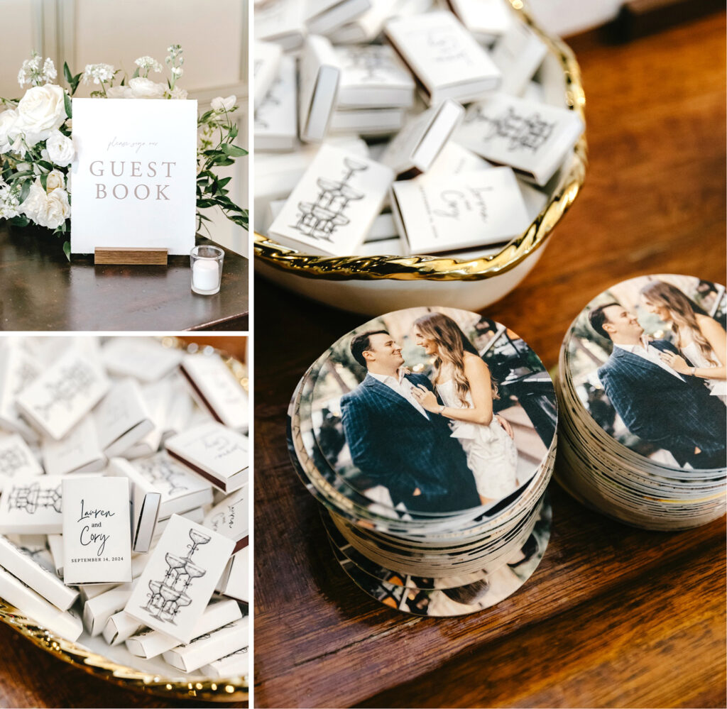 custom guest book, coaster and matches at New Hope Wedding reception by Emily Wren Photography