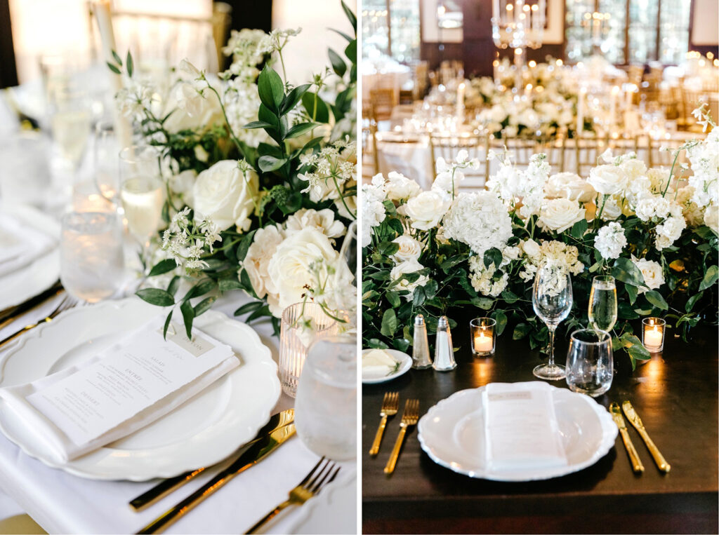 all white table decor at Hotel Du Village wedding reception in New Hope, Pennsylvania