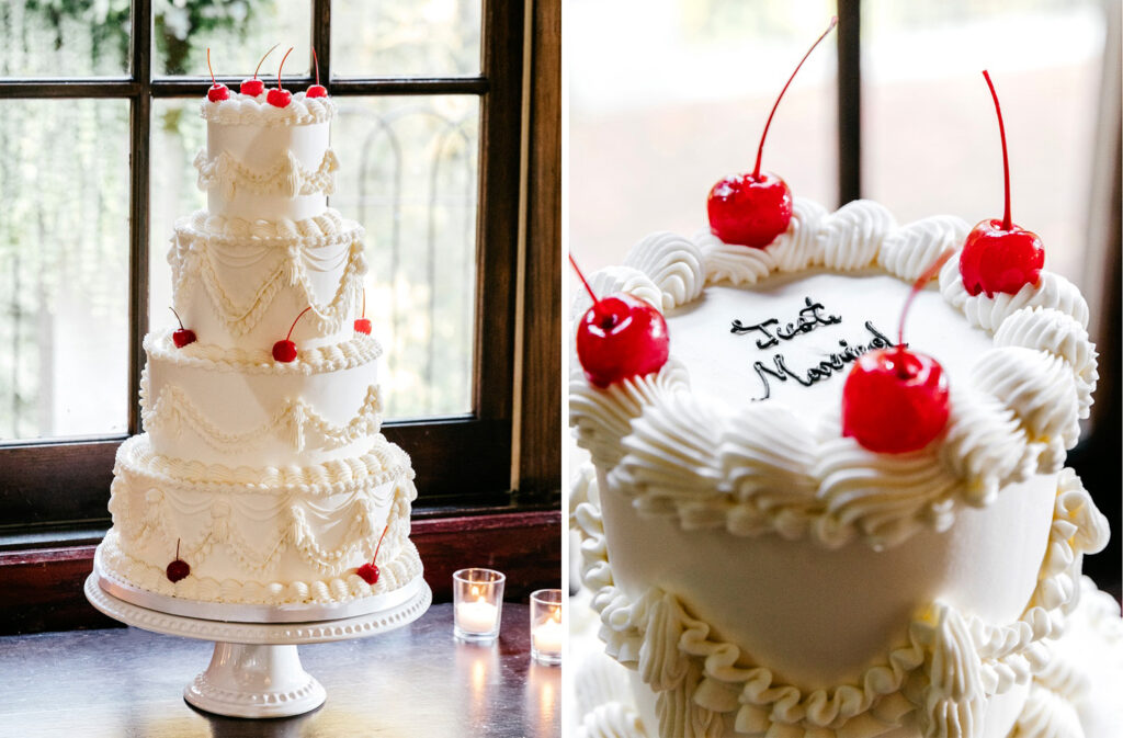 four tier classic wedding cake, decorated with the words "just married " and cherries