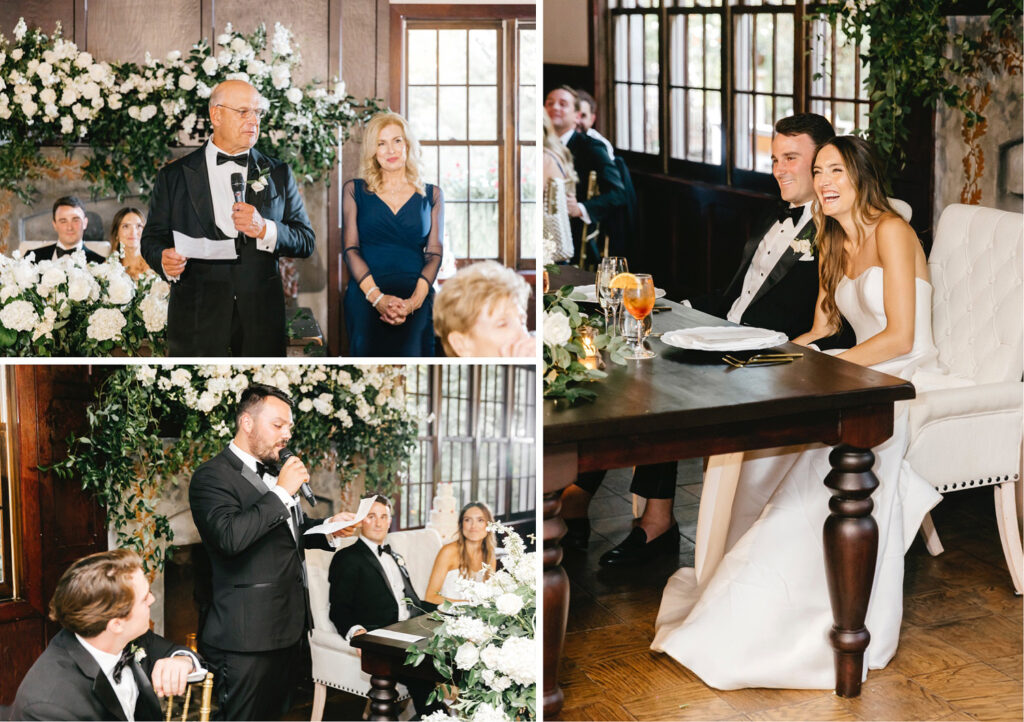 bride & groom laughing and parent and groomsmen speeches at New Hope wedding reception